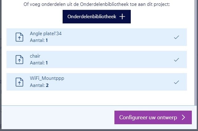 toegevoegde onderdelen aan nieuw project