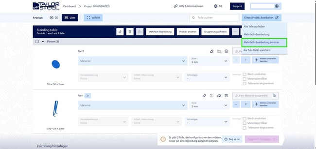 Dieses Projekt bearbeiten“ mit der Option „Mehrfach-Bearbeitung Services