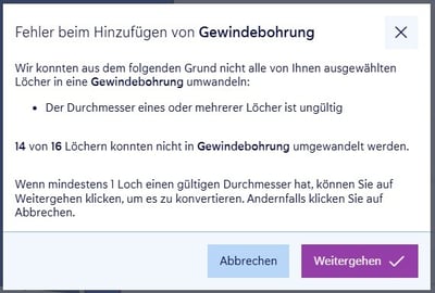 fehlermeldung uber gewindebohrungen