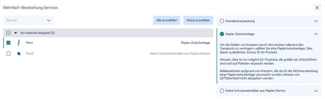 Mehrfach-Bearbeitung Services mit den Bauteilen links und den Verpackungsservices rechts