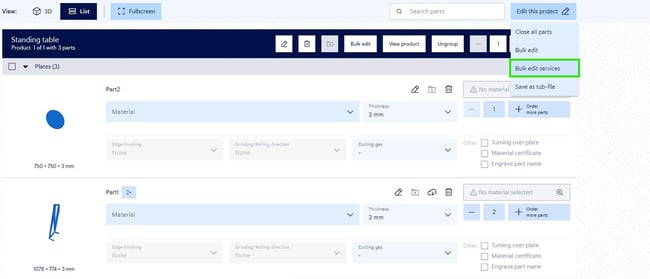 Menu ‘Edit this project’ with the option ‘Bulk edit services’