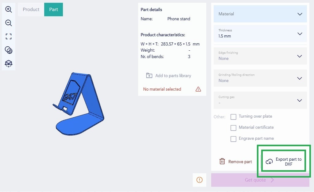 Button export part to dxf