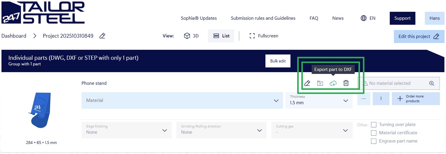 Button export part to dxf list