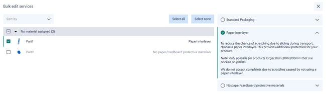 Bulk edit services module with the parts on the left and the packaging services on the right