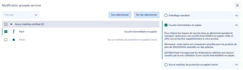 Modification groupée services avec les pièces à gauche et les services d’emballage à droite