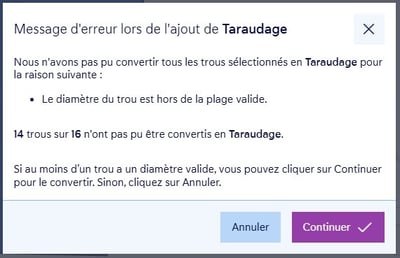 message d'erreur concernant les trous taraudes