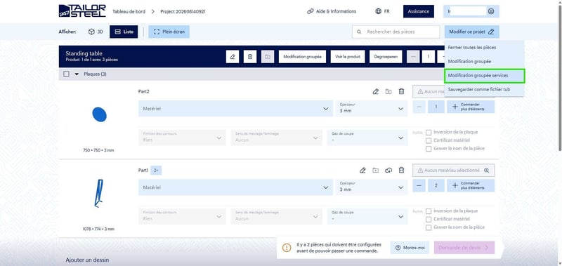 Menu « Modifier ce projet » avec l’option « Modification groupée services »