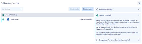 Module ‘Bulkbewerking services’ met onderdelen links en verpakkingsservices rechts