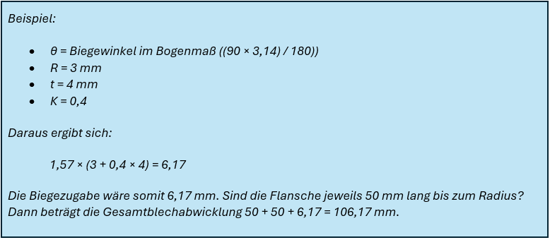 Formel für die Biegezugabe